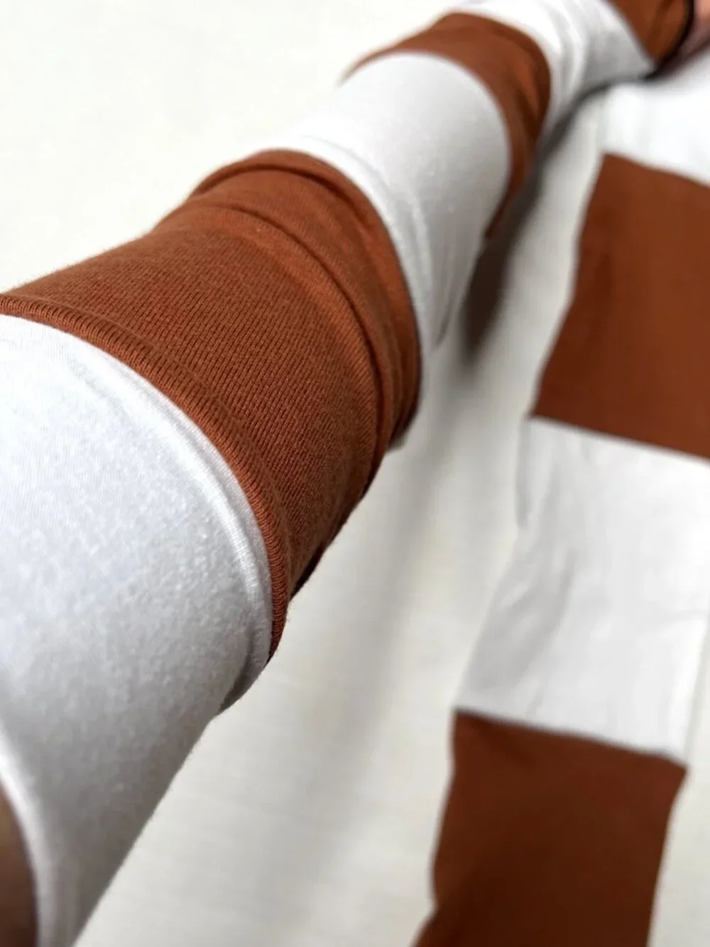 Long Striped Gloves Brown Hand Warmers White Armwarmers Cotton Patchwork Sleeves